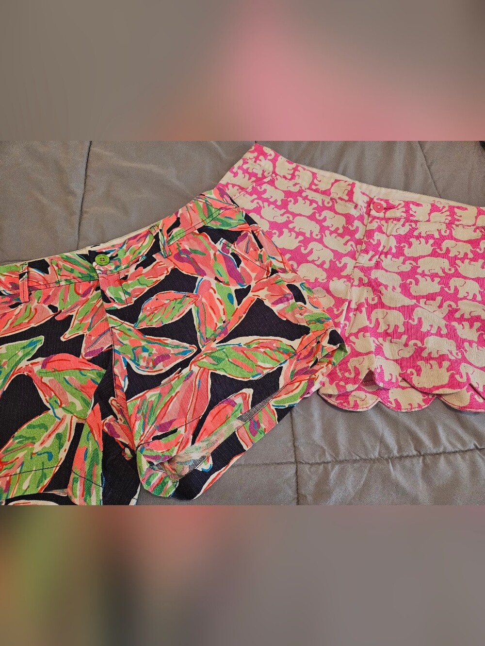 2 For $35 Lilly Pulitzer Pink & Navy Tropical and Elephant Scallop-Hem Shorts